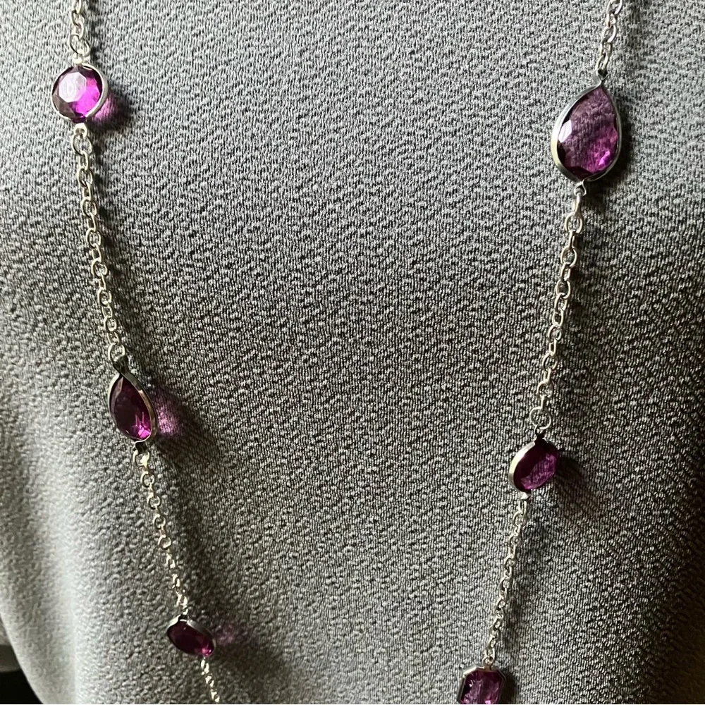 Long purple gemstone and silver chain necklace